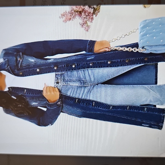 New Only Jeans Women's Long Ripped Button Up Denim Dark Blue Jacket XL - Picture 11 of 12